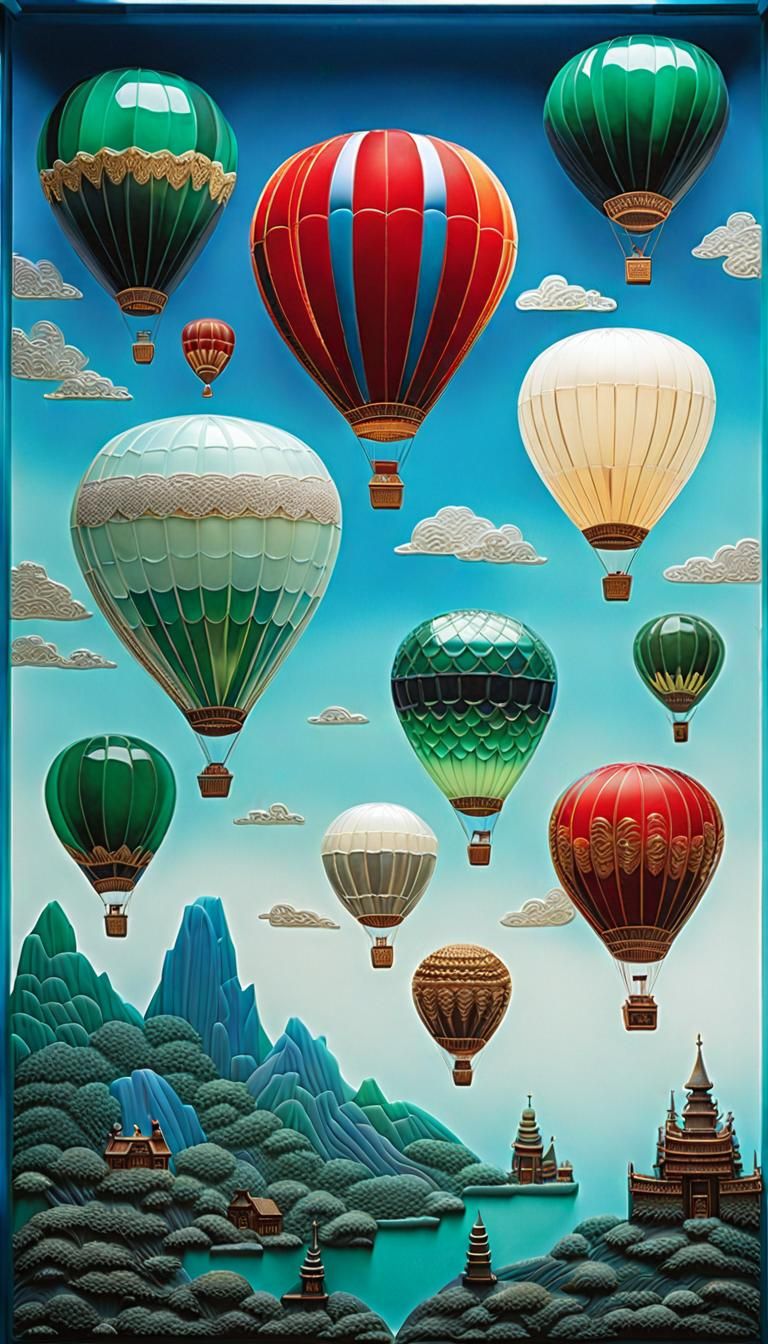 Asian Style Panel Depicting Hot Air Balloons In A - AI Art