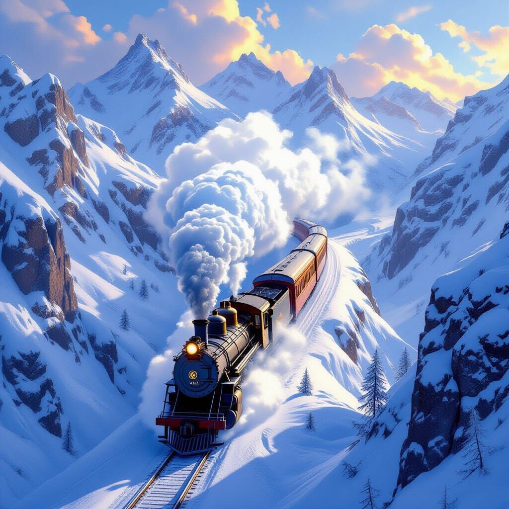 A digital painting concept art of a steam train crossing a frozen mountain pass