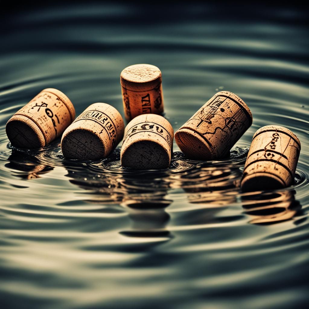 four corks floating in water 