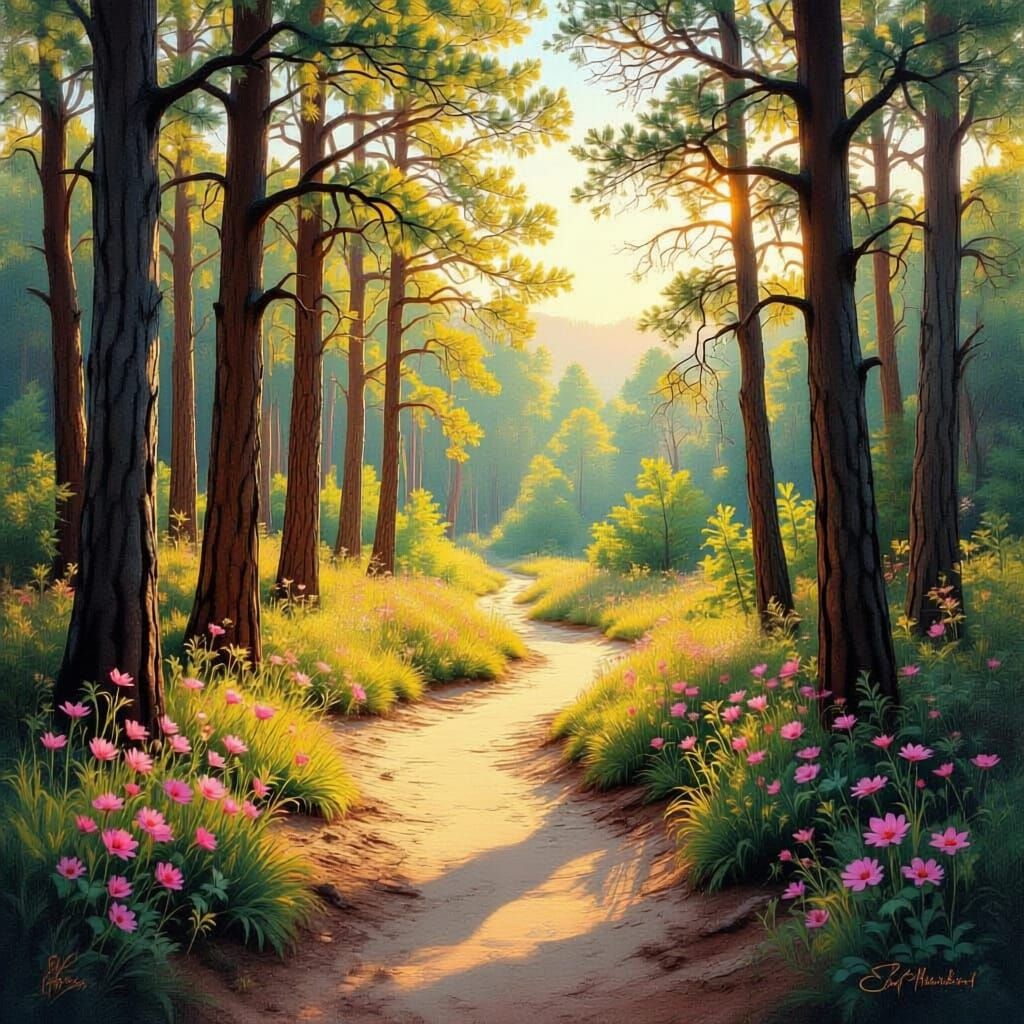 Create a richly detailed image, 1080 by 1080 pixels, that shows an image of a winding path with a couple of footprints and a bicycle track, ...