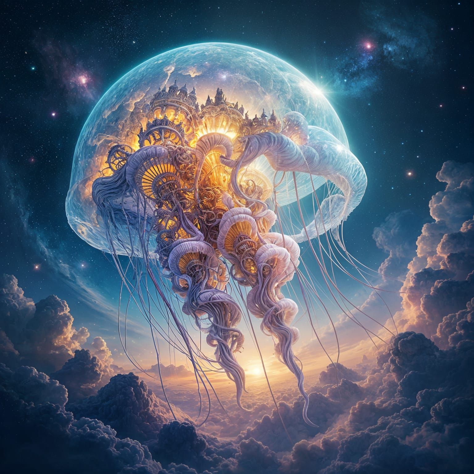Surrealism. A colossal jellyfish floating serenely in the cosmic void, its tendrils adorned with tiny, glowing villages. Intricate details, ...