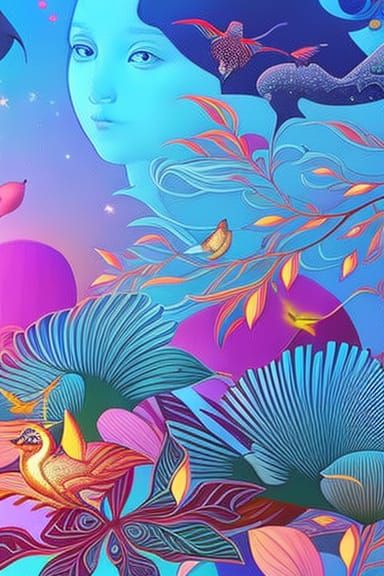 Magical Fairytale Scene with Birds and Flowers