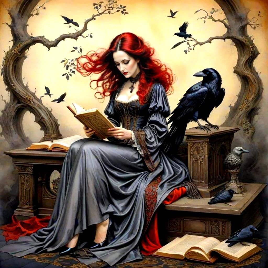 Gothic Lady in a Fantastical Scene, Ink and Watercolor Art