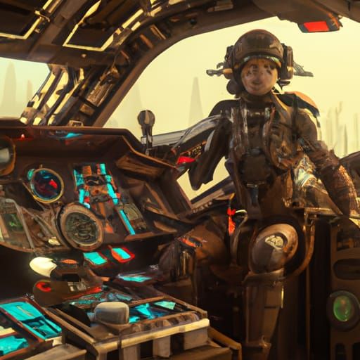 Robot pirate captain inside the cockpit of a Star Wars cruis...