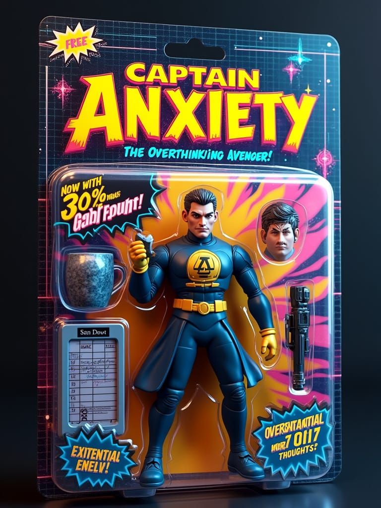 "Hyper-stylized 1980s-style action figure in a sealed blister pack — ‘Captain Anxiety: The Overthinking ...  by @undefined