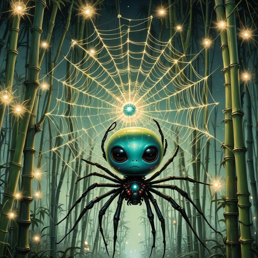 Alien sparkling spider spinning a luminous web