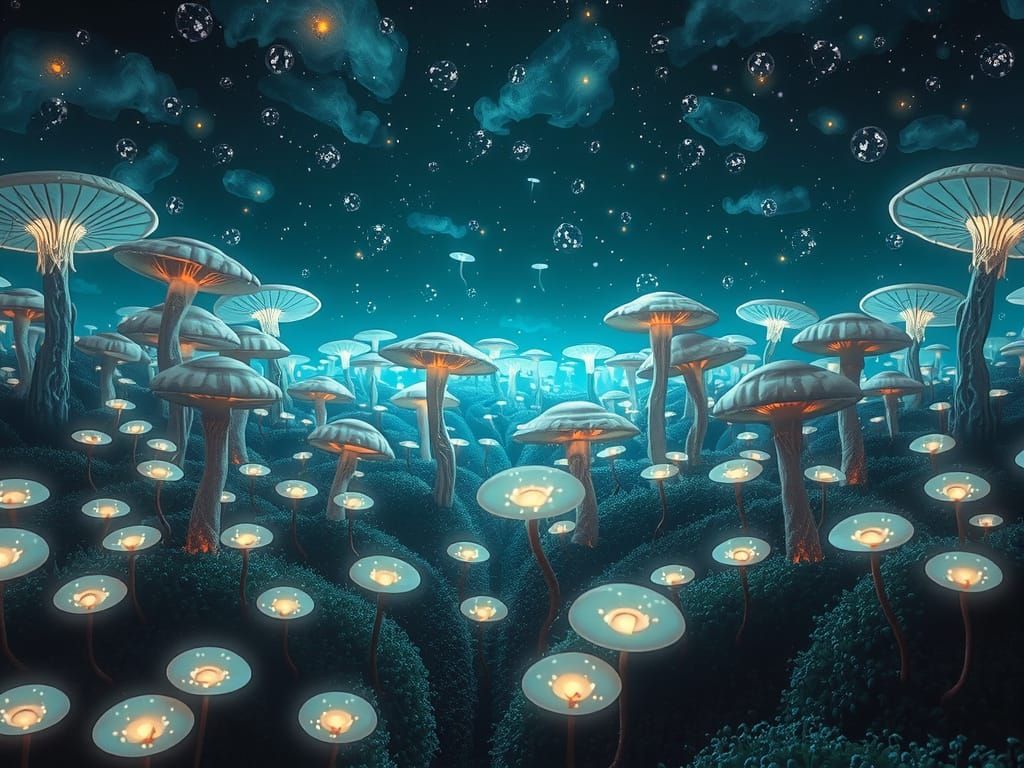 Bioluminescent mushrooms in an Art Nouveau style. A sprawling field of bioluminescent mushrooms pulsates with an otherworldly glow. Alien sp...