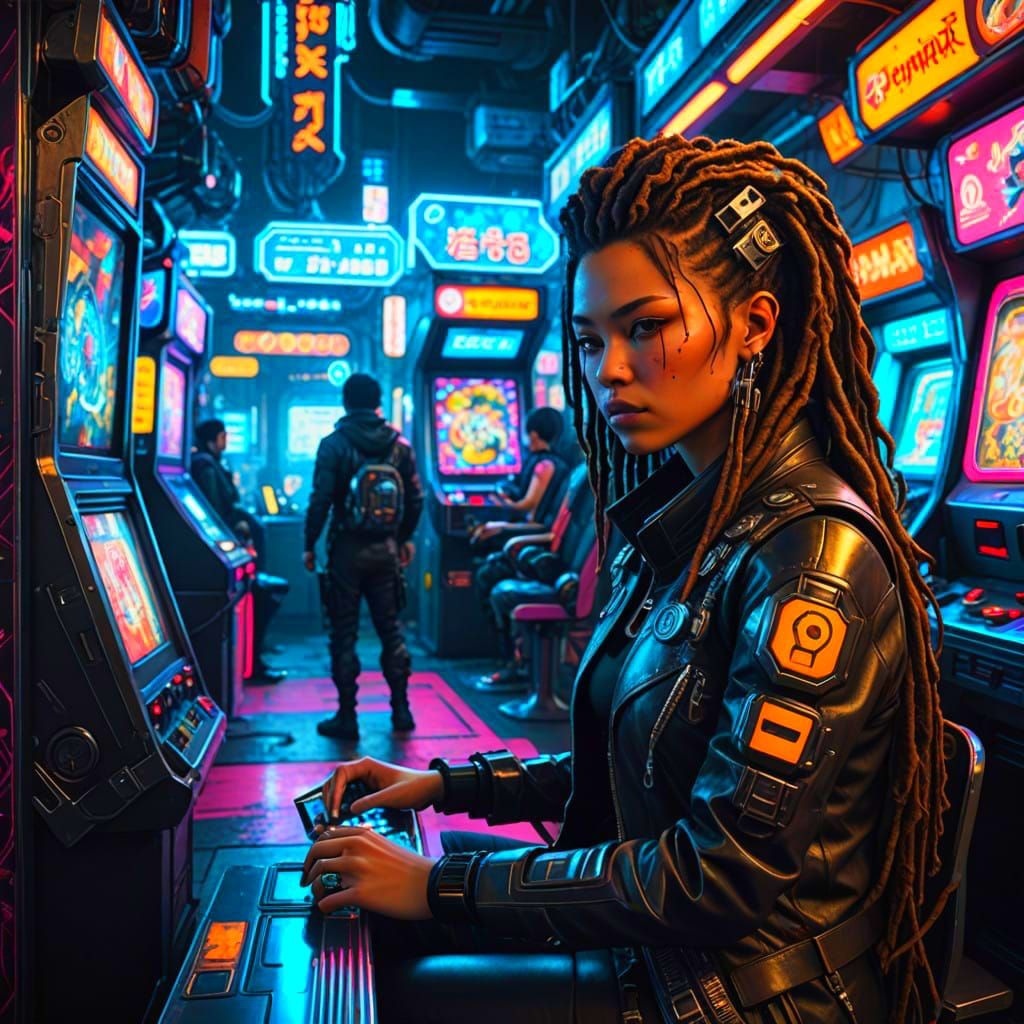 Scene of a futuristic video game arcade in Tokyo. A pretty Japanese woman dressed in cyborg punk clothing ...  by @Tokyo-Honeymilk