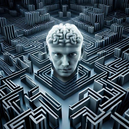 3D Aerial view, surreal brain maze containing human wandering and ...