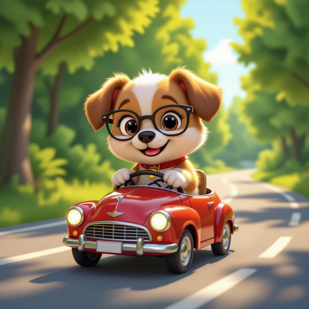 Cute Puppy Drives Car in Children's Book Style