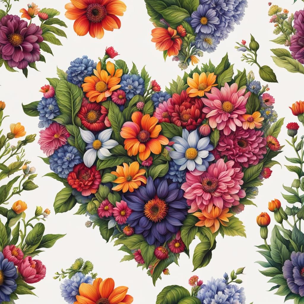 (Flowers making a heart, Botanical Ink:1.3) beautiful, maste...