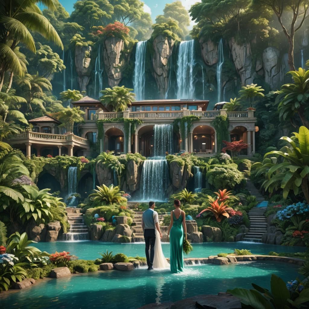 Modern Luxury Villa with Waterfall in Detailed Matte Paintin...