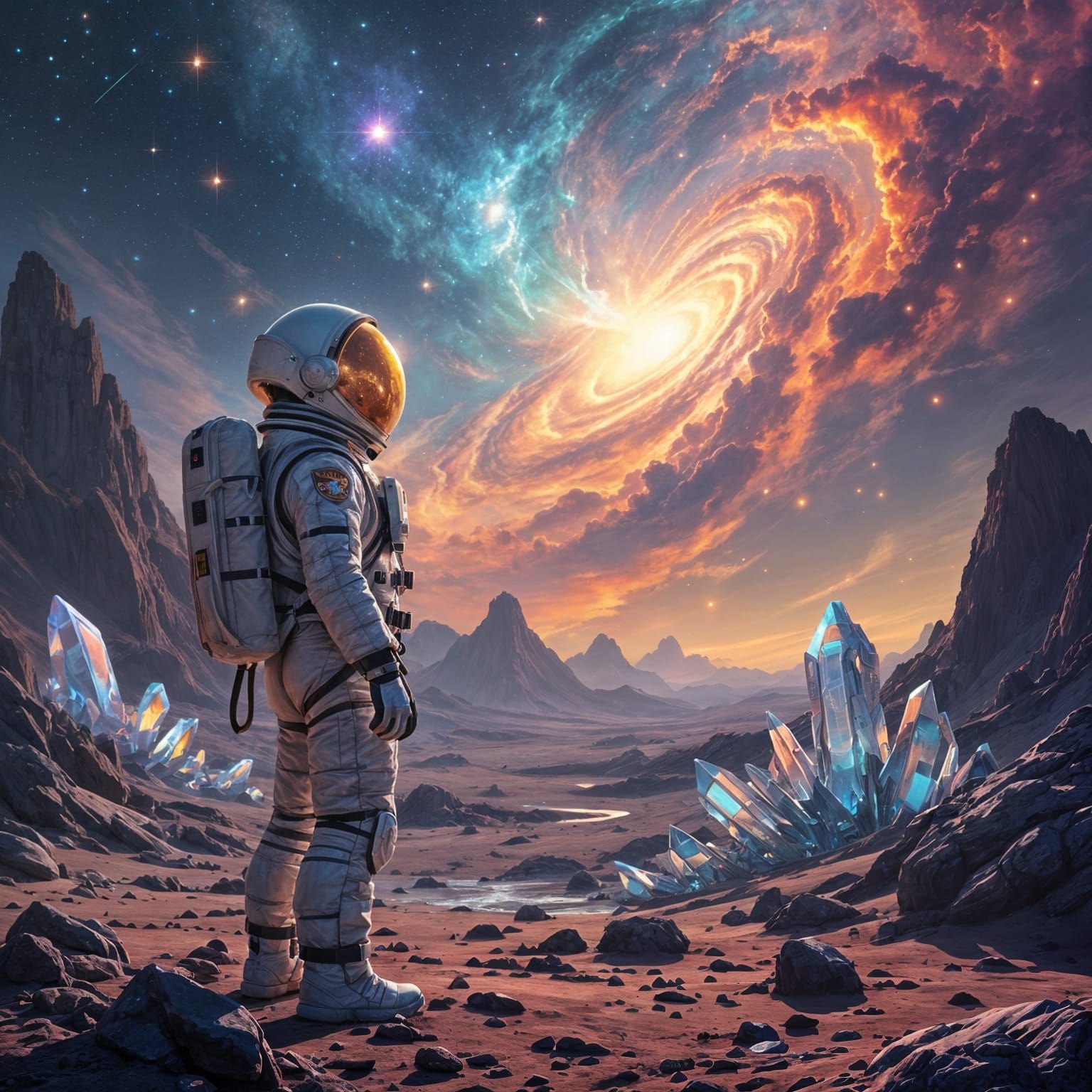 Astronaut Gazing at Nebula on Alien World