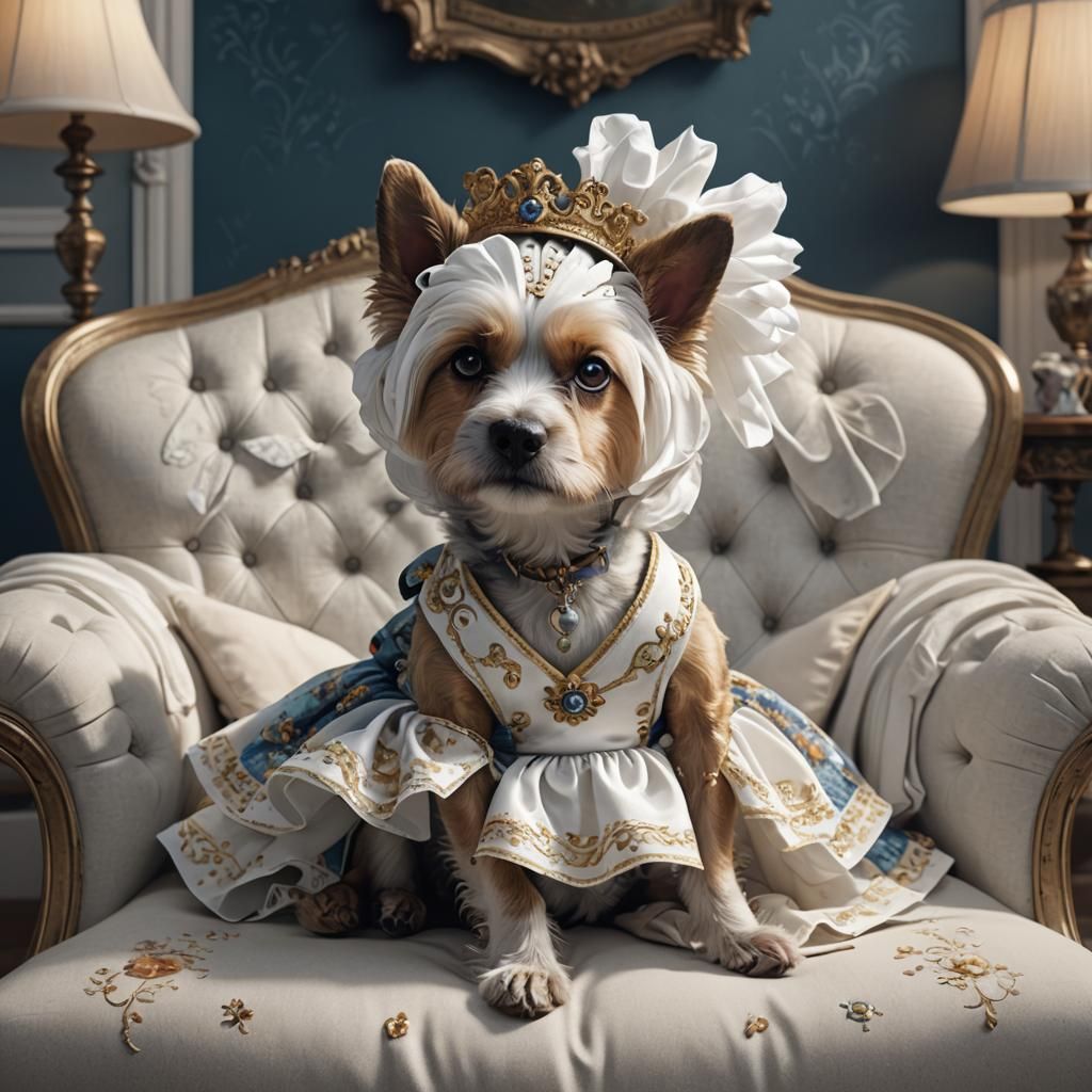 Dog in Dress on Couch: Detailed Matte Painting