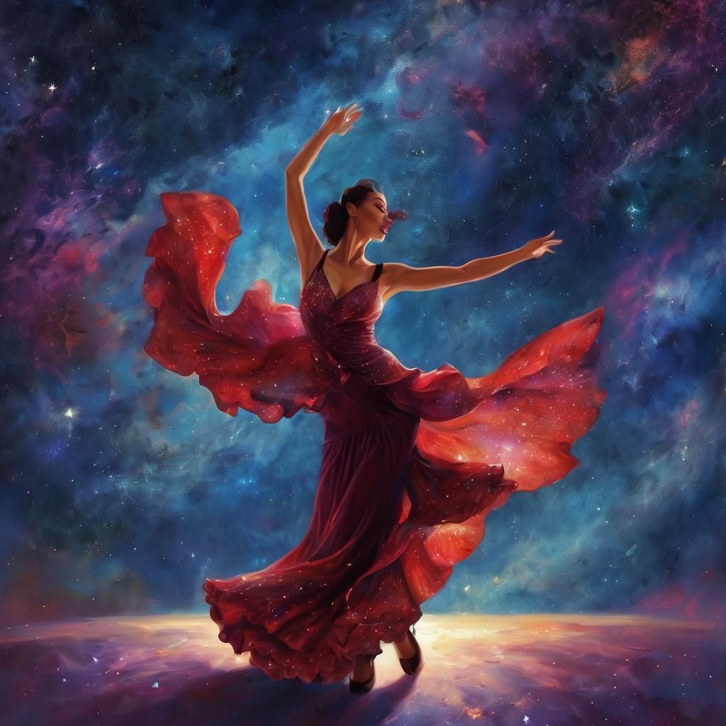 a flamenco dancer dancing under the stars, a seated guitar p...