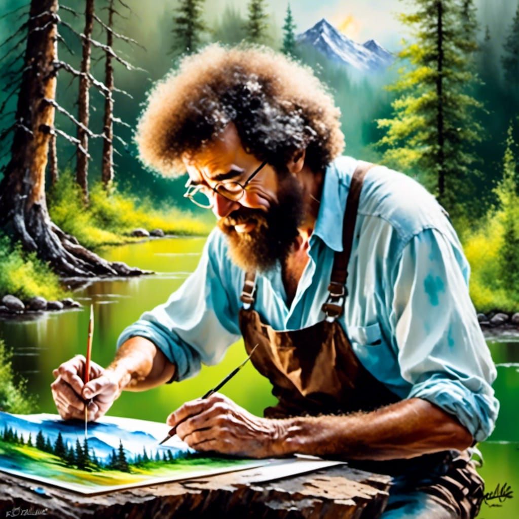 image of Bob ross painting a picture in wet oils and alcohol ink on textured ...  by @Katrina Bair