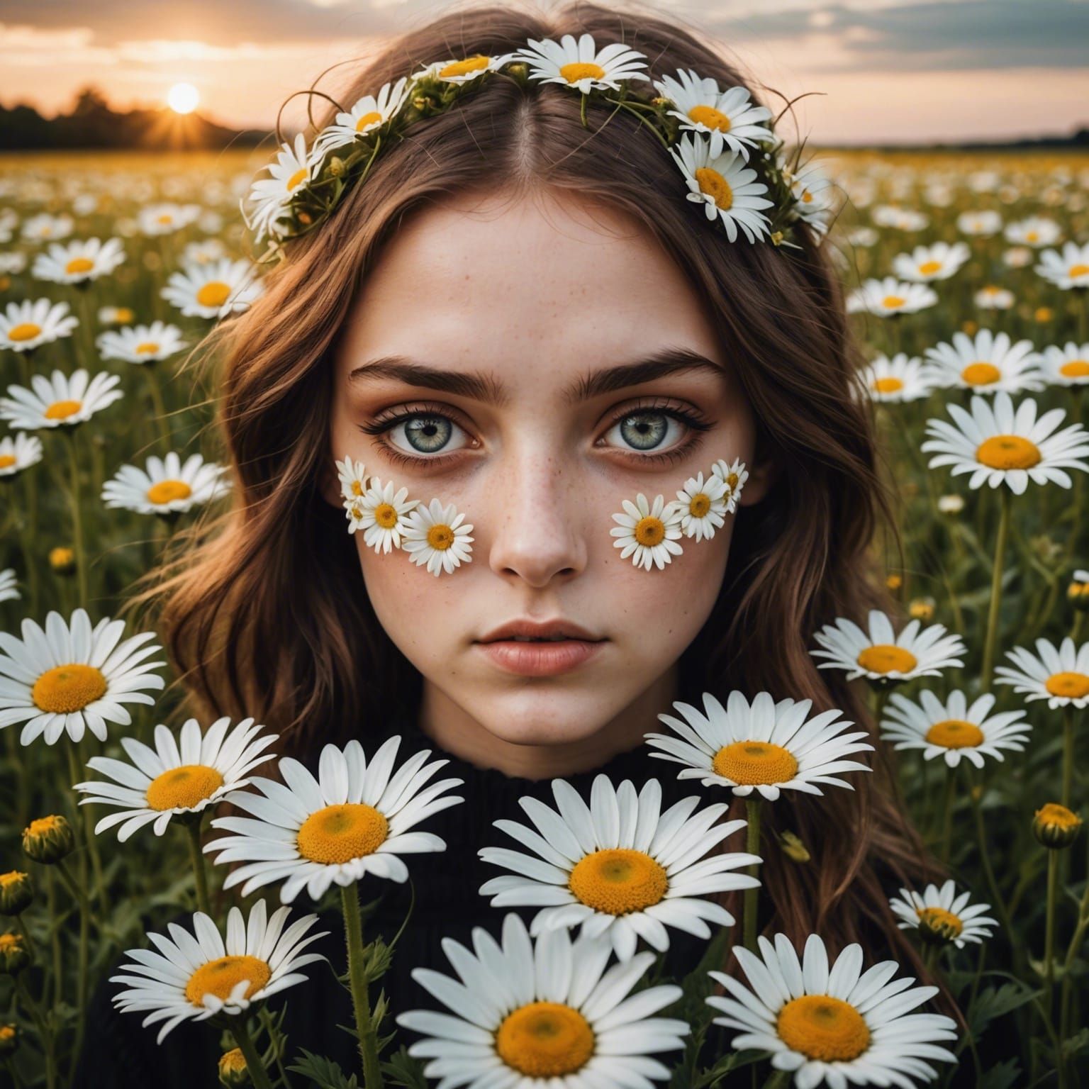 Big disembodied eyes inside daisies in a field. fantasycore ...