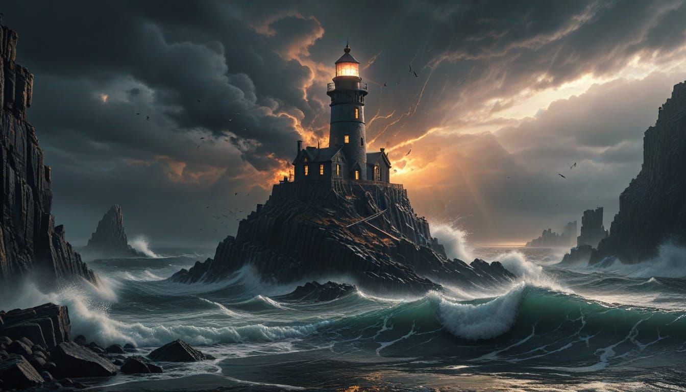 Picture a fantasy scene of an obsidian lighthouse made of tiers of intricate ledges with Gothic architecture on a rocky coast, glowing throu...