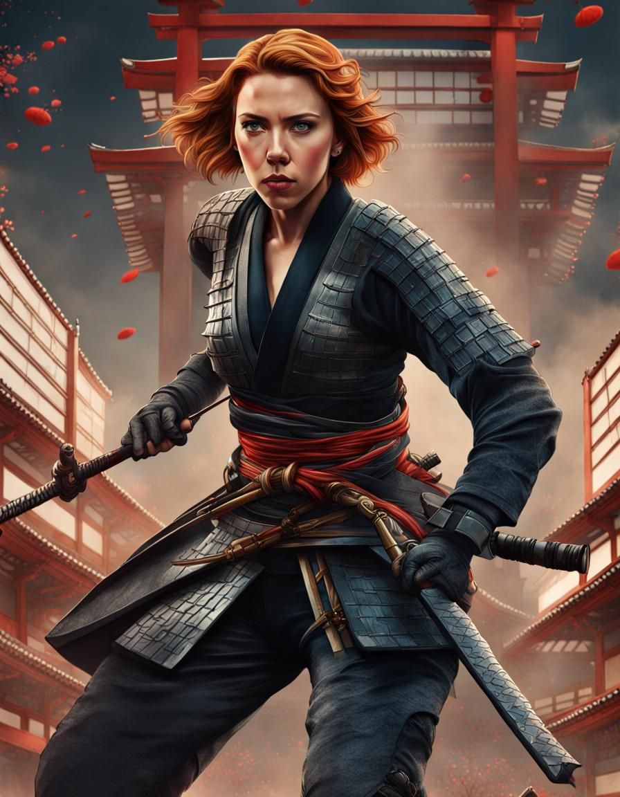 Scarlett Johansson, Natasha Romanoff, Black Widow dressed as a Medieval Japanese female samurai in Japan, action scene, ...