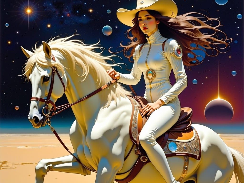  A beautiful female astronaut wearing a cowboy hat who explores interstellar space on the back of a horse.  