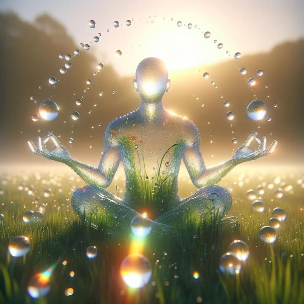 Create an image of a translucent, glass-like figure in the shape of a human, sitting cross-legged on a lush green field....