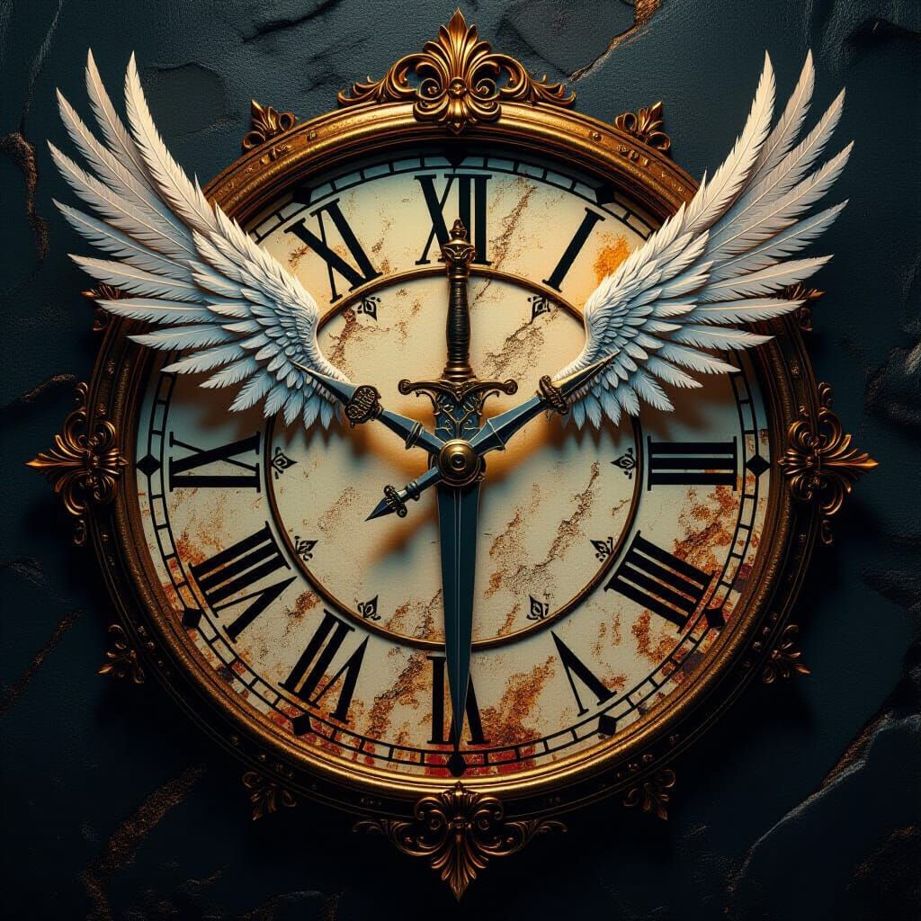 A clock face with a dagger sticking in the middle of it. There are wings coming out on each side of the clock. It is set to three pm. 