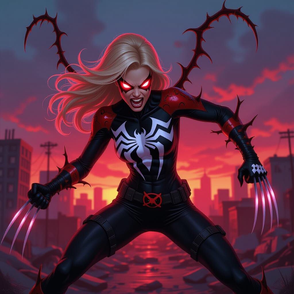Gwen Stacy with powers of Venom, Carnage and Wolverine.