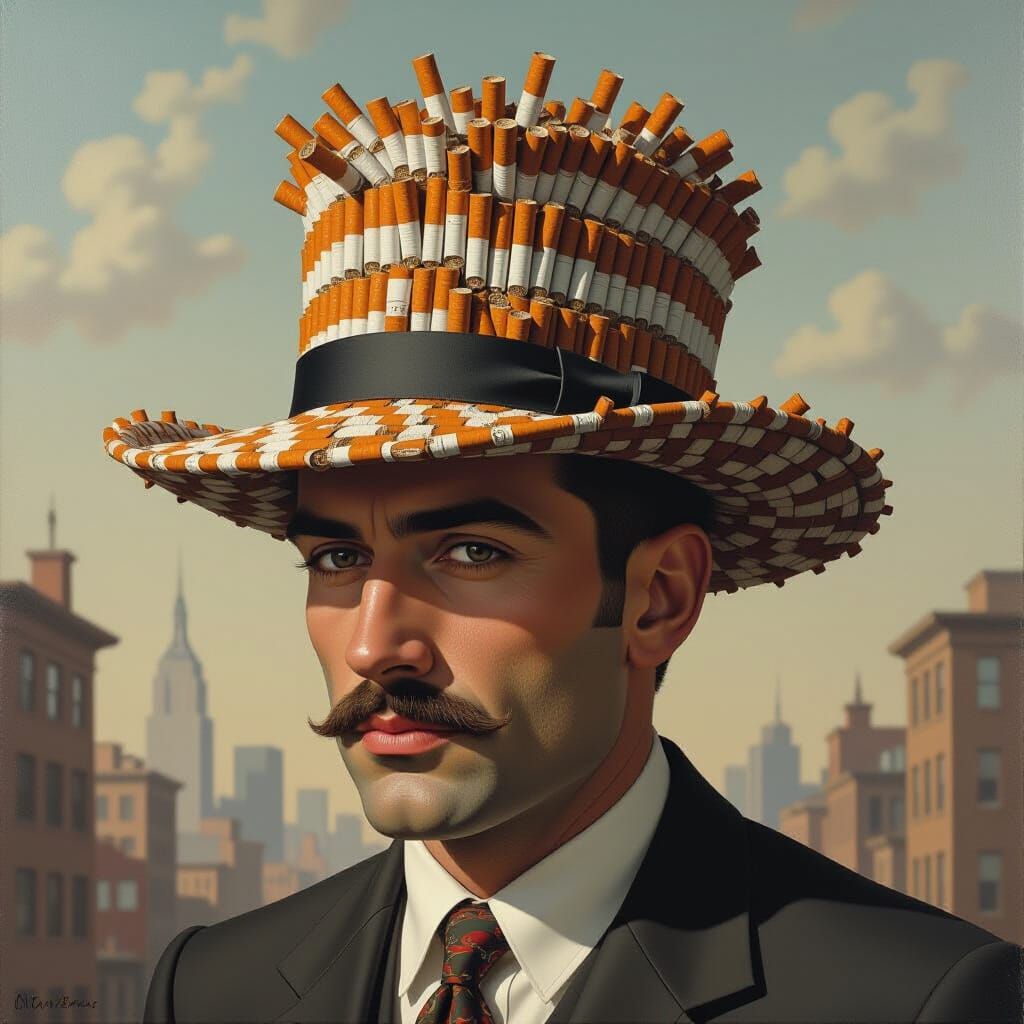Surreal Man With Cigarette Butt Hat Oil Painting