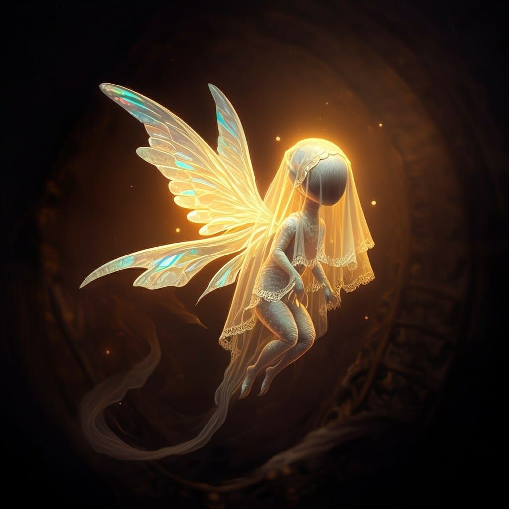 Delicate, glowing creature with iridescent wings and an ethe...