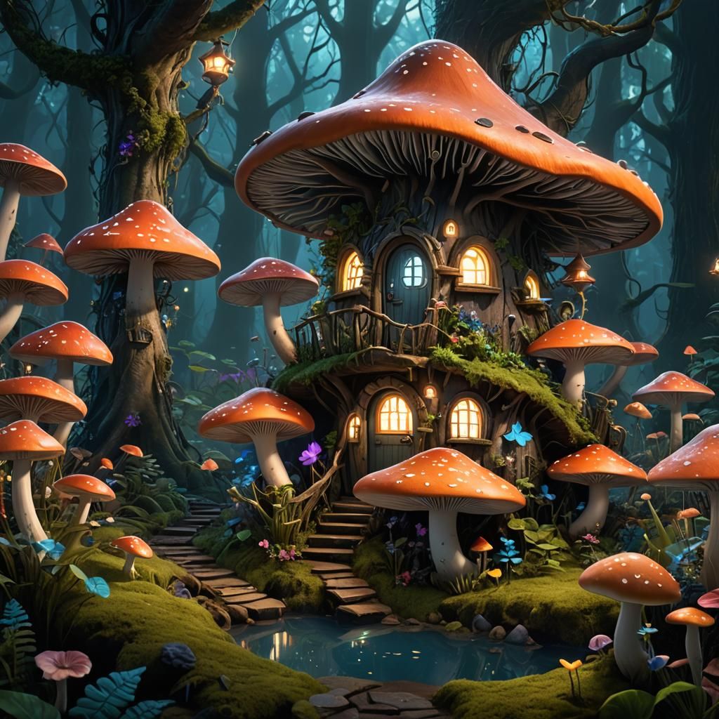 A fairy mushroom house in an enchanted bioluminescent forest...