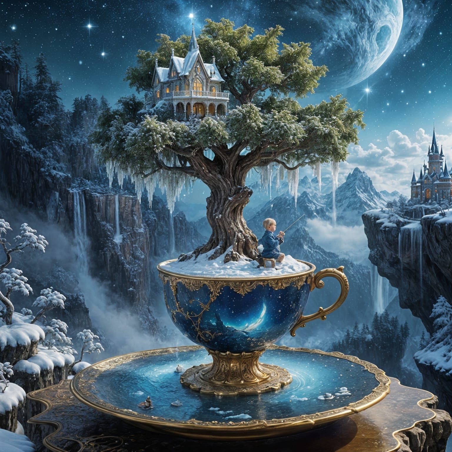 A small blond boy sits and plays a violin built on a giant ornate teacup, a twisted majestic tree with milky white foliage and hanging icicl...