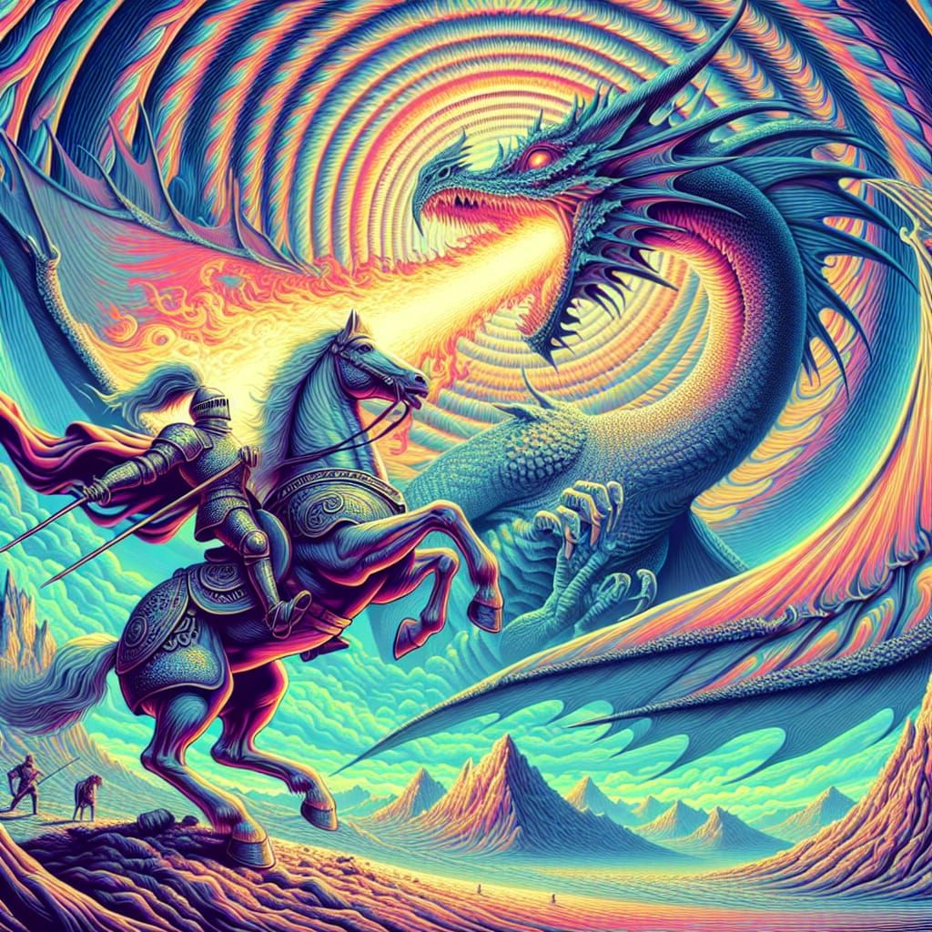 by Sabbas Apterus realistic highly detailed beautiful knight riding on a horse charging at a dragon breathing fire down on him, Jean Giraud...