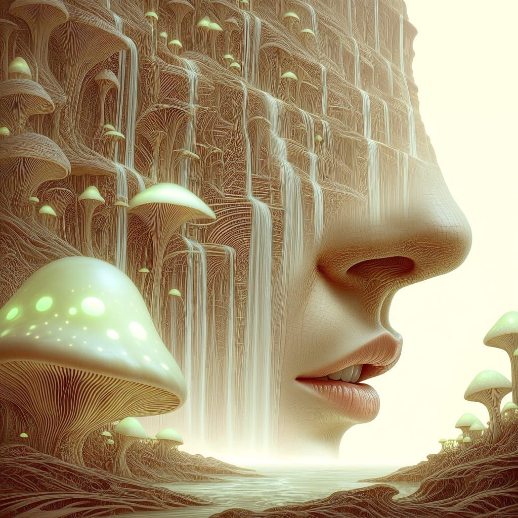 Ancient Cliff Face with Bioluminescent Mushrooms and Lips