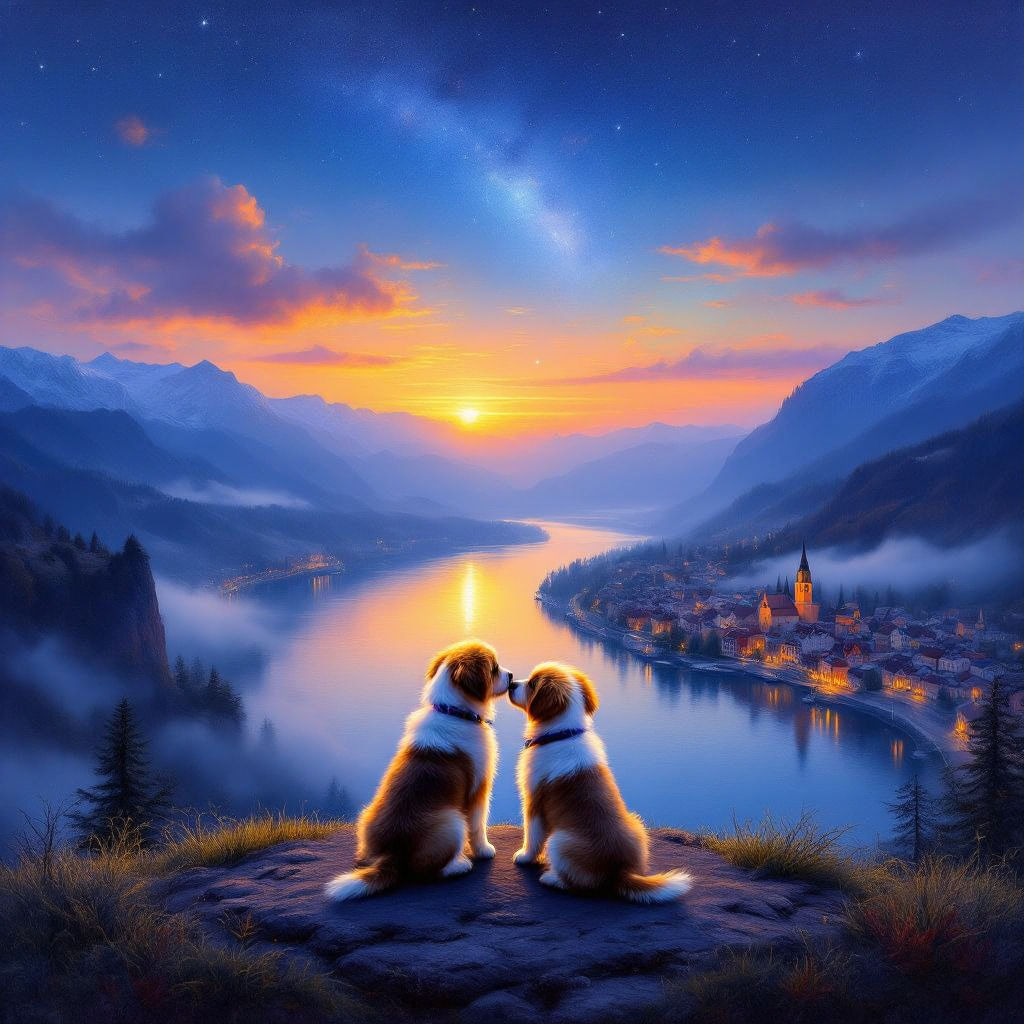 Puppies stargazing sitting on a cliff