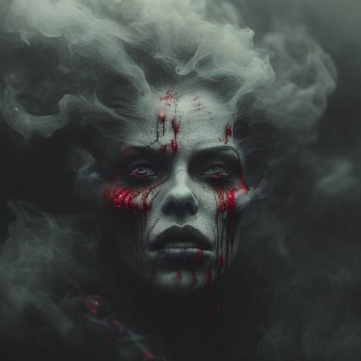 <lora:Smokescreen DSv8:1.0> Su.rreal close-up of a Queen of Hearts figure on a card, mouth stitched shut, surrounded by swirling crimson and...