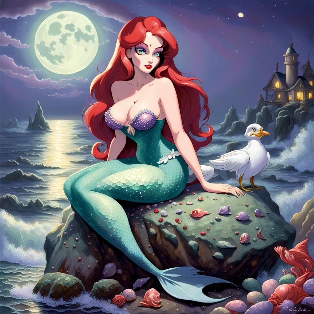 (((jessica rabbit))), ariel little mermaid, sitting on a roc...