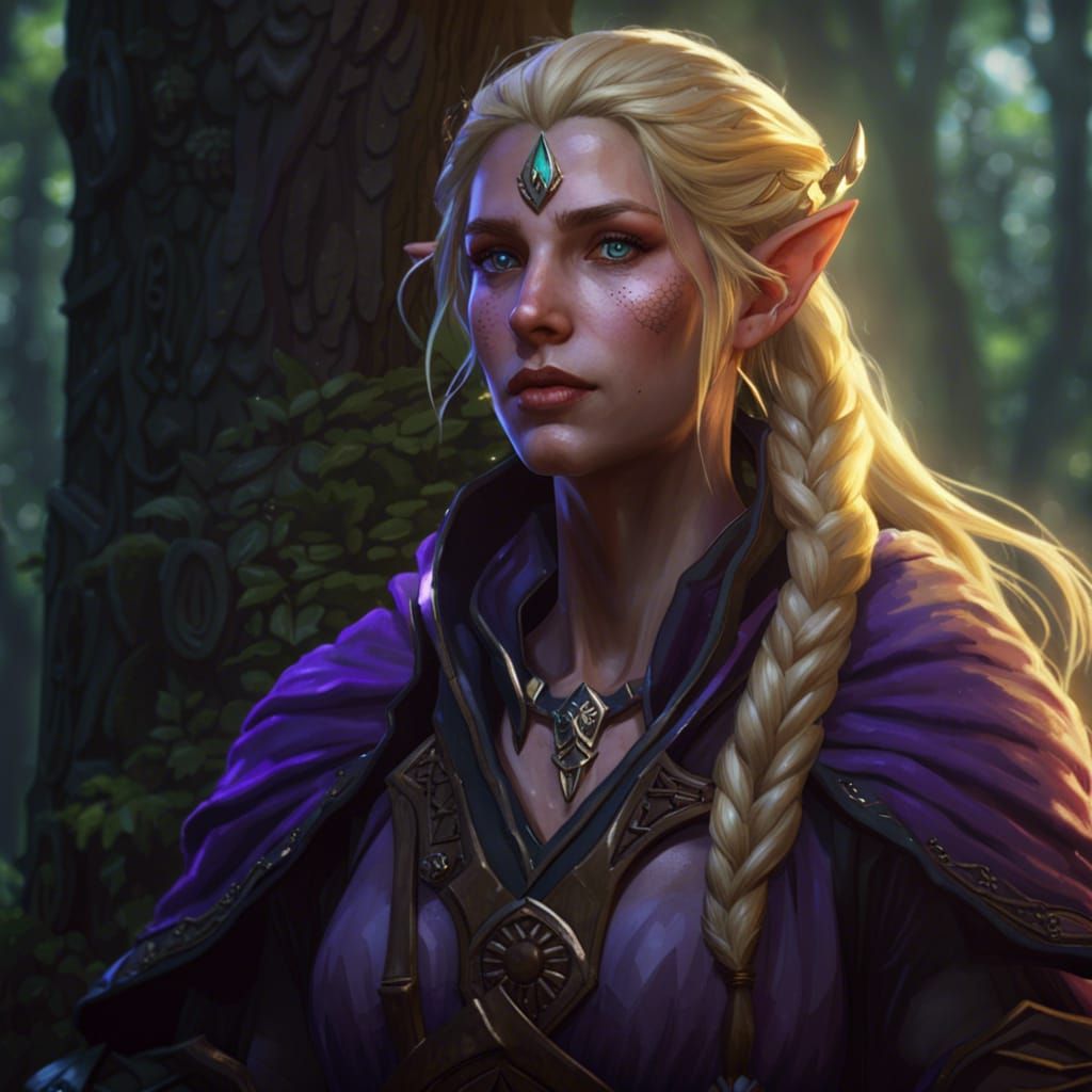 Calm Half-elf female warlock, blond partly braided hair, violet eyes ...