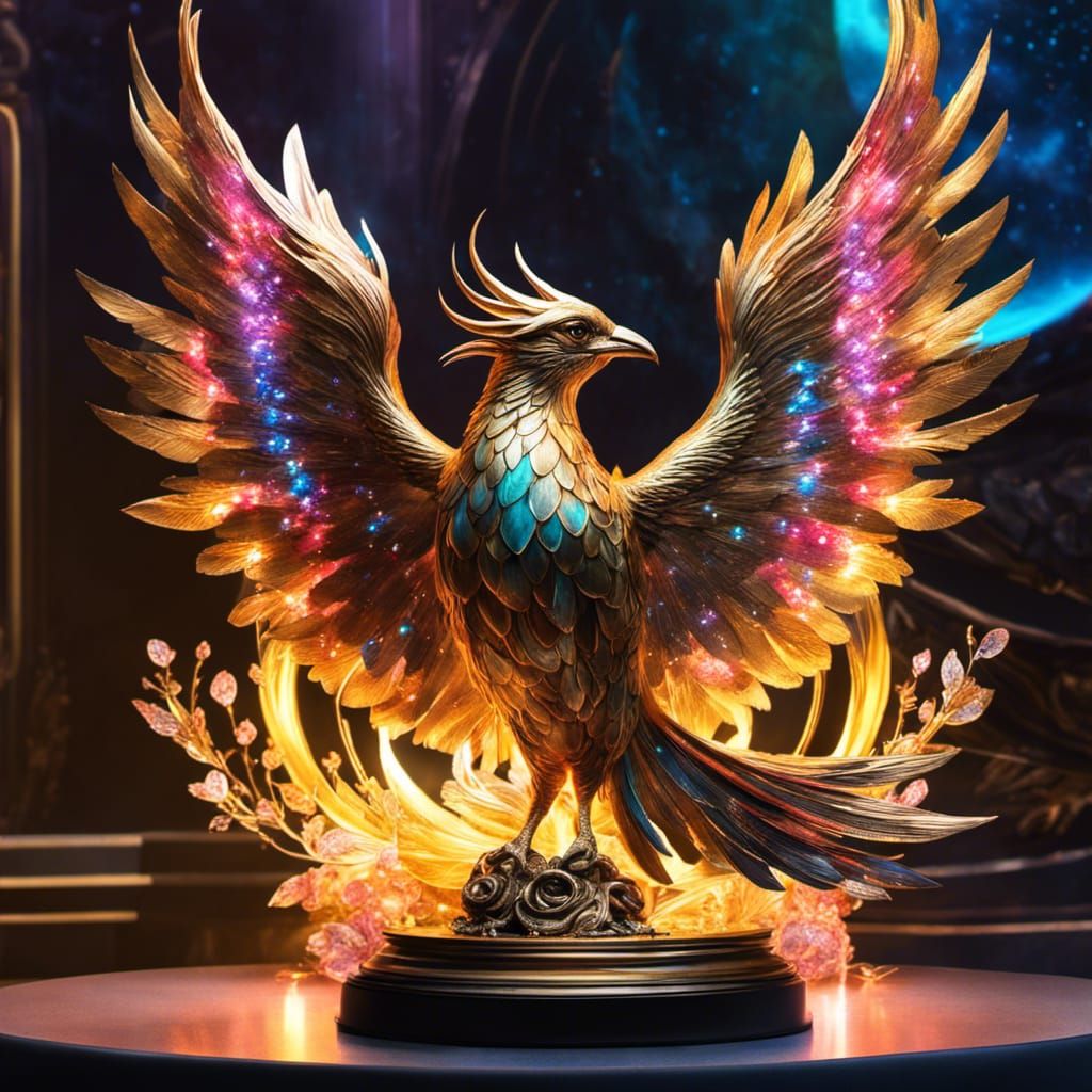 ~a Tiny Colorful Phoenix On A Diamond Encrusted Trophy Stand 🏆encrusted 