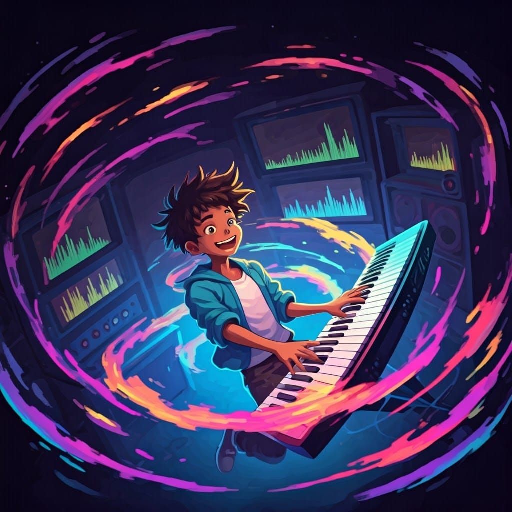 Young Boy Rocks Out in Neon-Lit Recording Studio with Vibran...