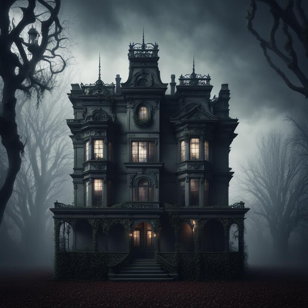 Front view of the facade of a big and wide haunted Victorian noble ...