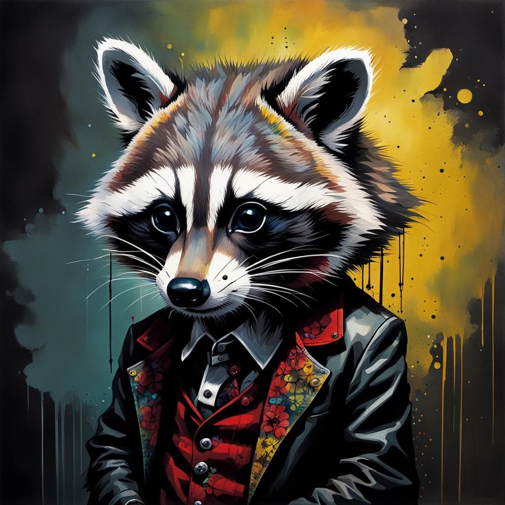 Cute Gothic Raccoon in Street Art Style