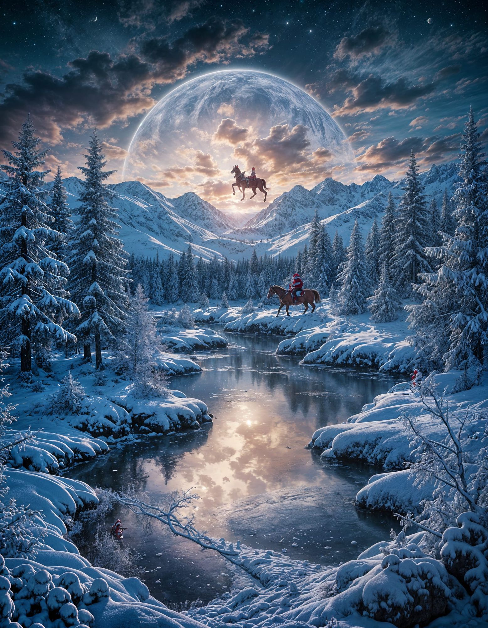 Twilight over a frozen land with the santa claus riding in the sky 
