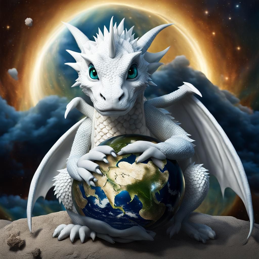 A gentle, friendly cute white dragon, sitting in the univers...