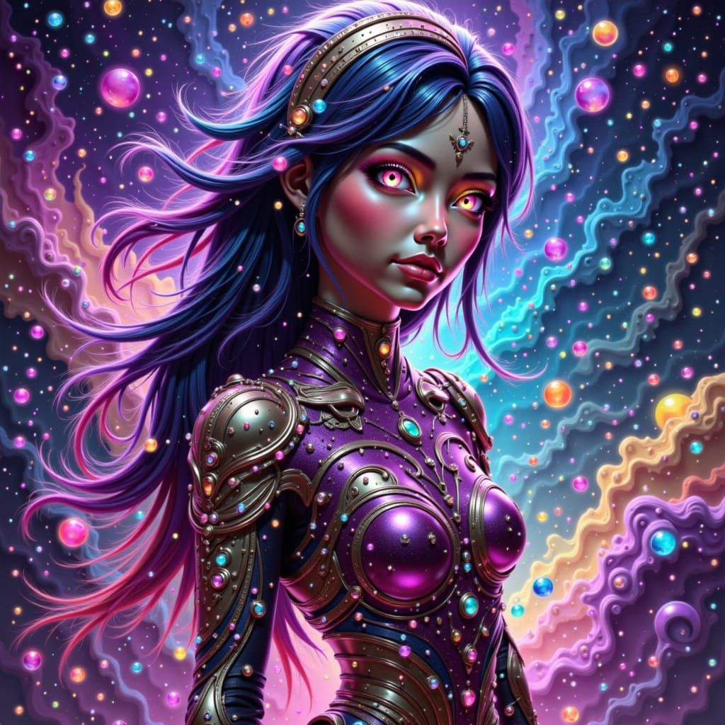 Ladybug alien Explorer Extraordinaire, adorned in a vibrant, iridescent exosuit, stands heroically with a confident smile against a swirling...