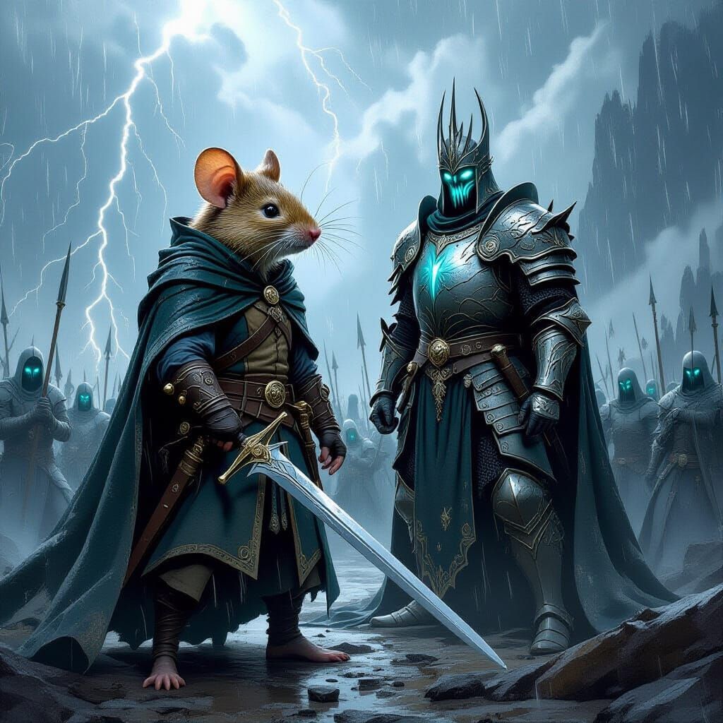 Epic fantasy movie poster, title at the bottom: “The Return of Finn”. In the pouring rain, Finn, an anthropomorphic mouse adventurer, stands...