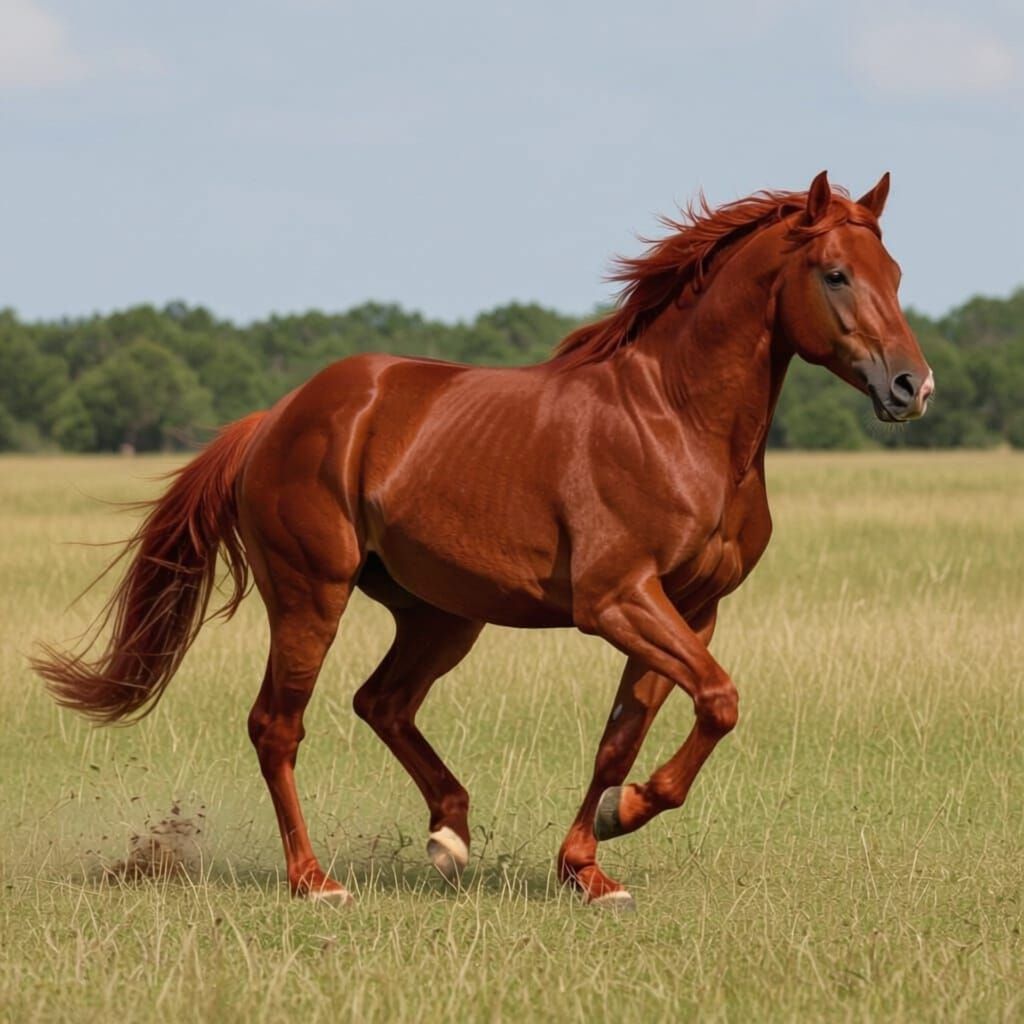 A large and muscular blood red stallion galloping across the Texas plains.