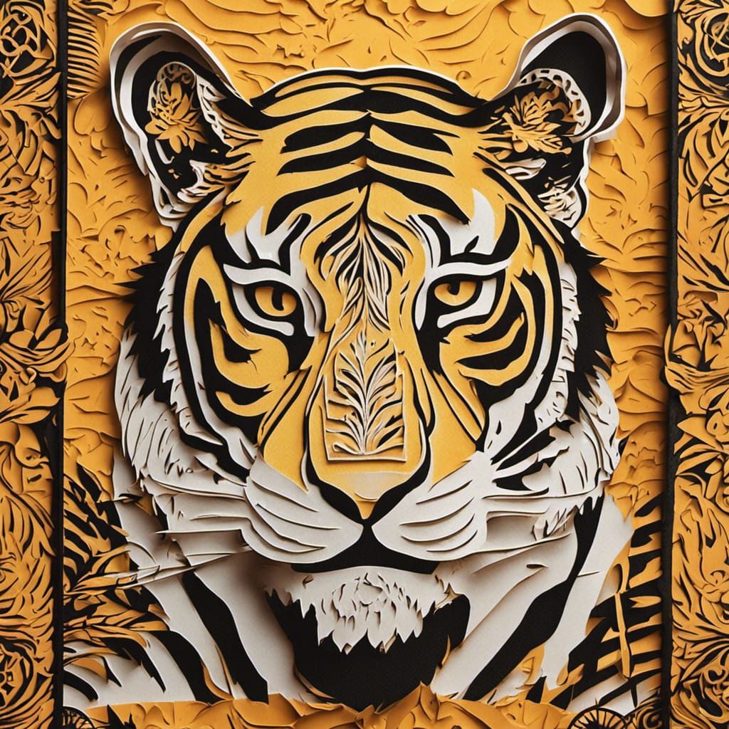Bengal tiger, kirigami style, yellow and orange background, black paper