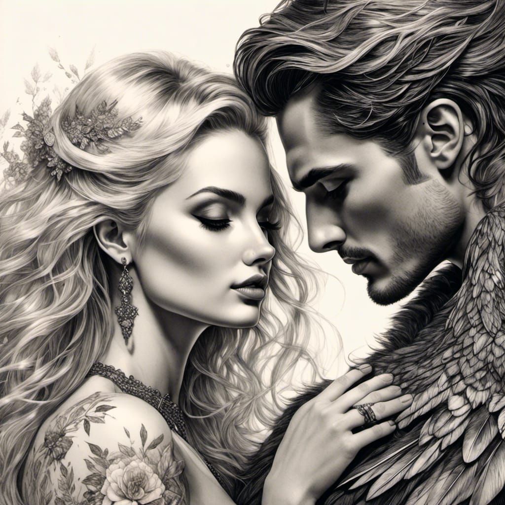 couple blonde woman and brown haired man in love hyperdetailed charcoal drawing