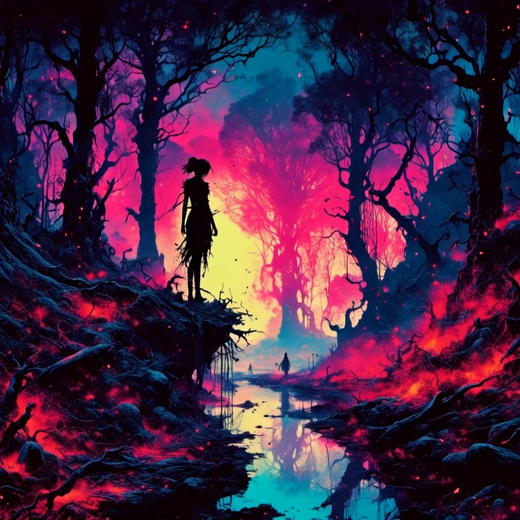 <lora:cminimalisk:1.0> <lora:cMark:1.0> silhouette wandering thought fantasy woods