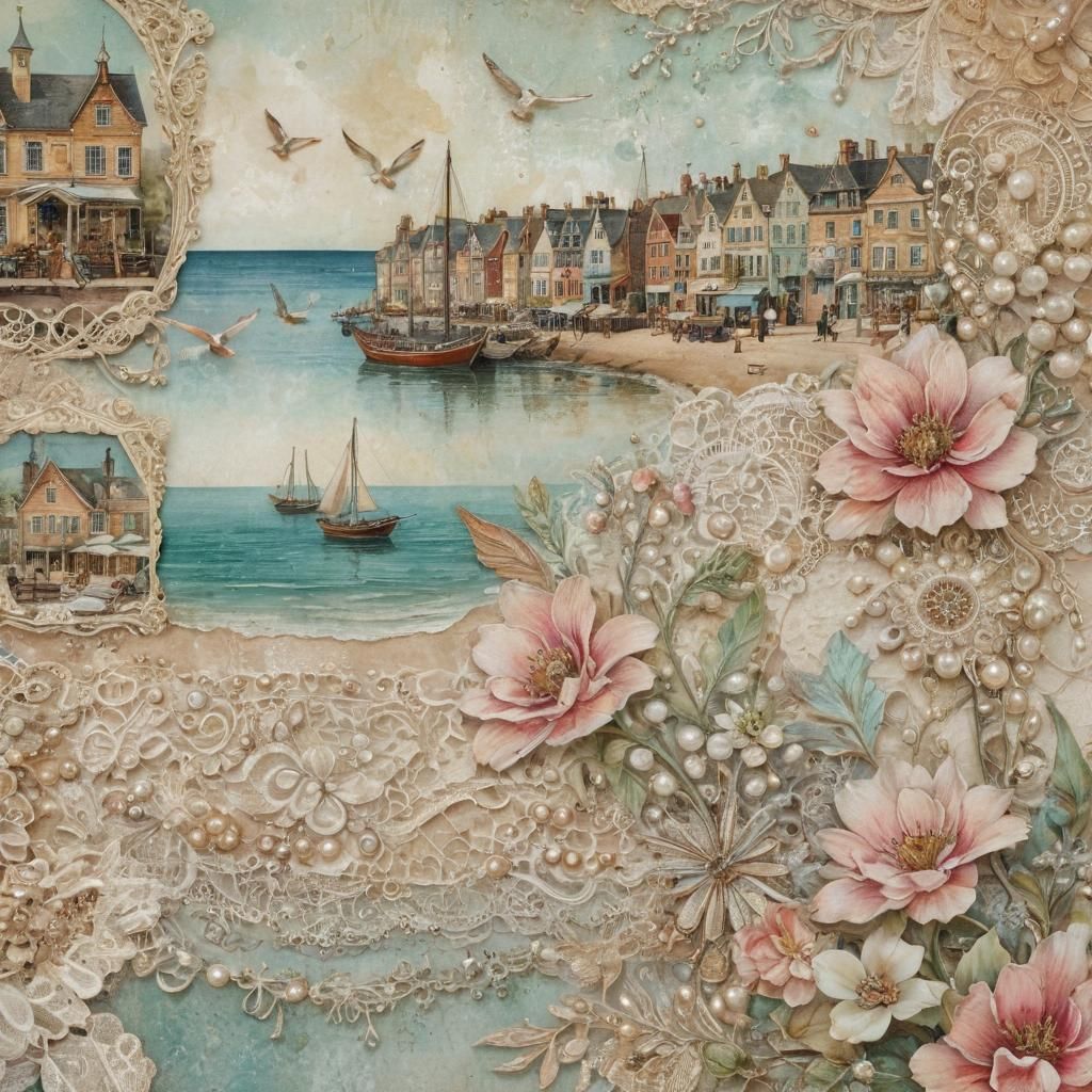 French flower market themed paper, antique typography, lace and pearls,  Mixed media collage with vintage art illustration. Close-up, a char...